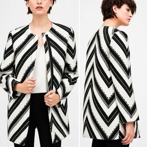 ZARA New Patterned Black White Geometric Wool Blend Longline Coat SZ Small Mod